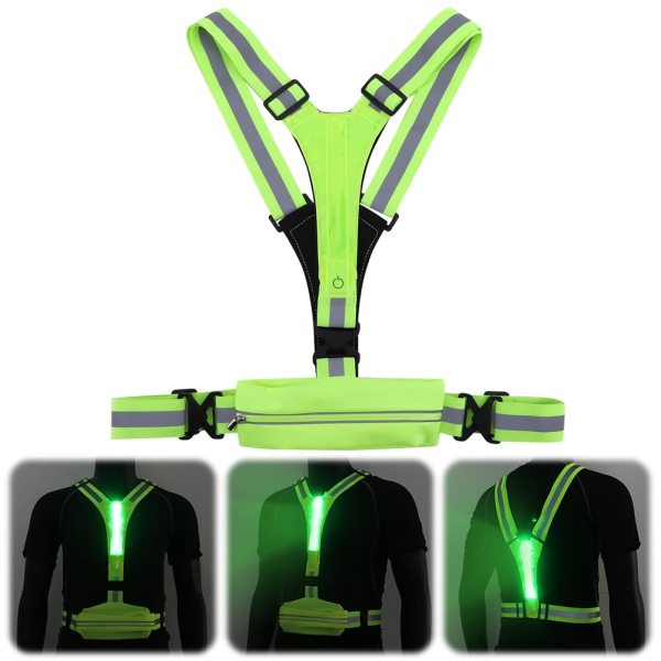 LED Reflective Vest Belt with Pocket Adjustable Safety Vest USB Rechargeable Security Reflective Vest for Night Running Cycling