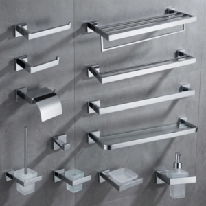 Chrome Bathroom Hardware Set Stainless Steel Square Towel Rack Paper Towel Rack Bath Towel Rack Hook Toilet Brush