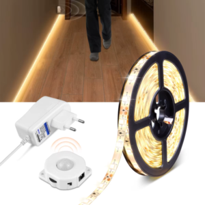 Motion Sensor LED under Cabinet Light Bed Night Light 1M-5M LED Strip Tape Night Sensor Lamp with 110V-220V to 12V Power Adapter