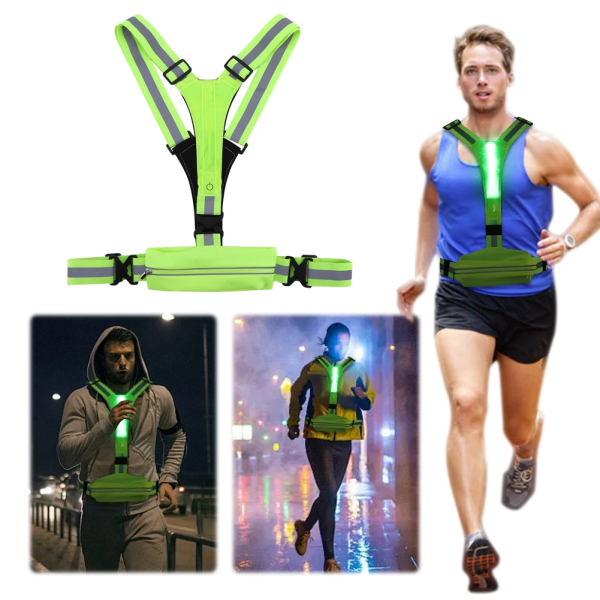 LED Reflective Vest Belt with Pocket Adjustable Safety Vest USB Rechargeable Security Reflective Vest for Night Running Cycling